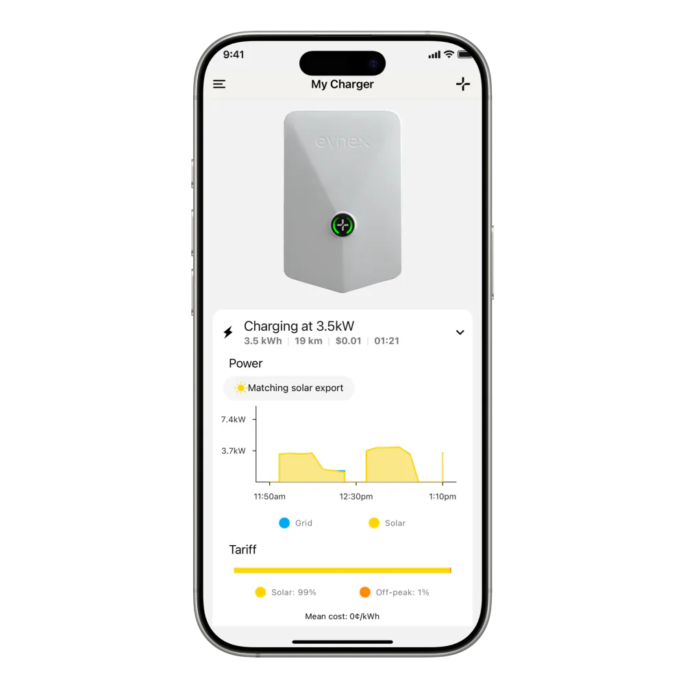 Evnex app screen showing active charge session with X22 charger